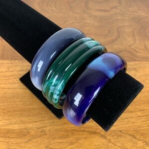 Set Of 3 Lucite Bracelet Bangle Purple Green Vtg Round Retro Groovy White Swirls